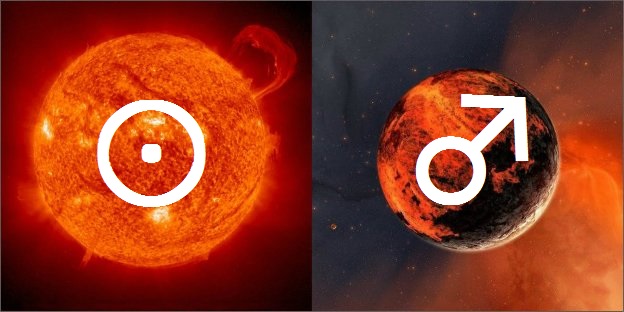 Планеты огненной стихии: Солнце и Марс и их астрологические символы.