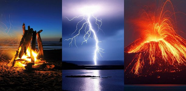 Различные формы проявления стихии огня: пламя костра, электрический разряд молнии, взрыв вулкана.