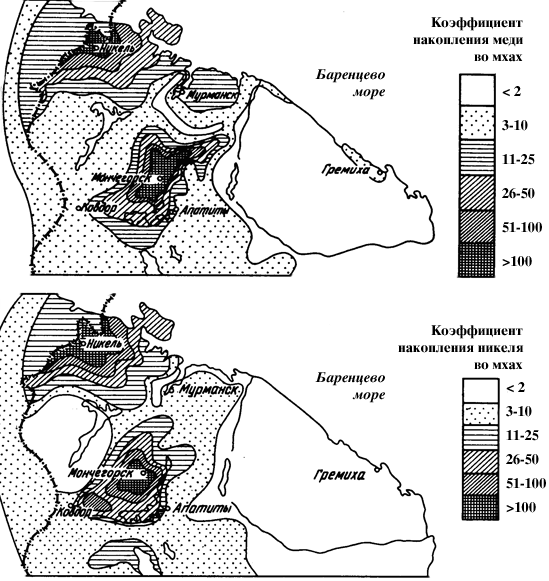 Рис. 3. ЗАГРЯЗНЕНИЕ РАСТИТЕЛЬНОСТИ Кольского полуострова медью и никелем.